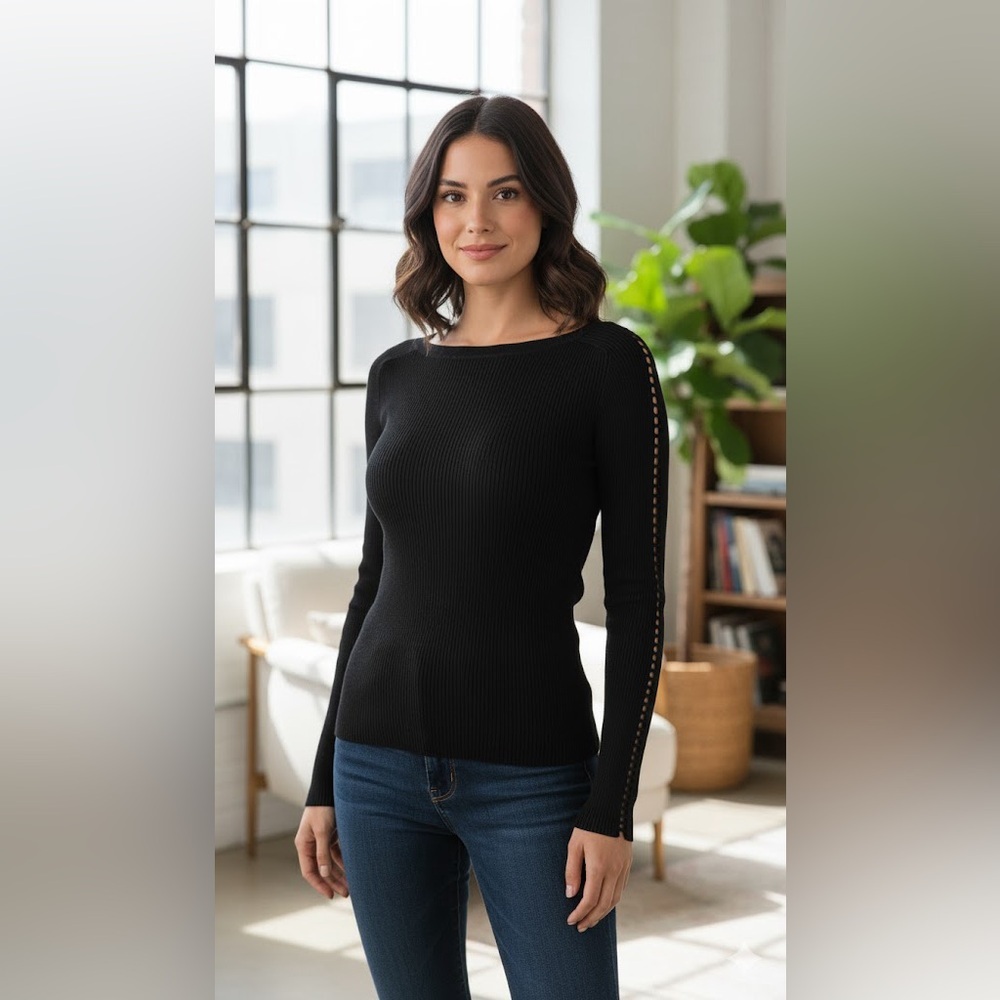 360 sweater Italian yarn fitted Elegant Black Long Sleeve Top small